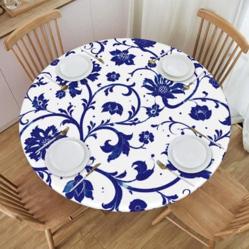 KUOAICY Blue and White Porcelain Print Round Tablecloth Elastic Fitted Table Cover Washable Elastic Edge Tablecloths for Kitchen Dining Party Fitted Table 45-50 inch