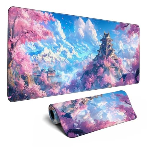 Japanese Cherry Blossom Desk Mat Anime Gaming Mouse Pad Large Desk Pad for Desk Computer Pc Laptop Office Decor, Mouse Keyboard Pad Stitched Edges Non-Slip Rubber Mat Desk Pad, 31.5x11.8 in