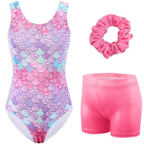 HOZIY Gymnastics Outfit Leotard with Shorts Scrunchie Sleeveless Bow Back Unitard Tumbling Outfits Sparkle Mermaid Blue Pink Activewear Size 6-7