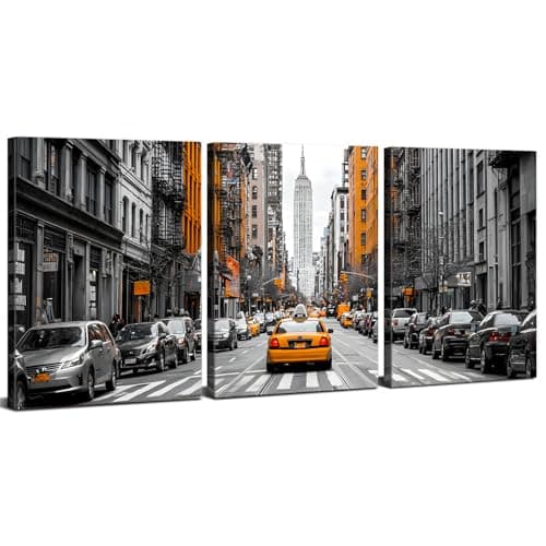 New York City Wall Art Black and White USA Street Poster Urban Yellow Taxi Car Wall Decor for Living Room Modern Building Picture NYC Scenery Panorama Artwork Bedroom Office Home Decoration 12x16" 3P