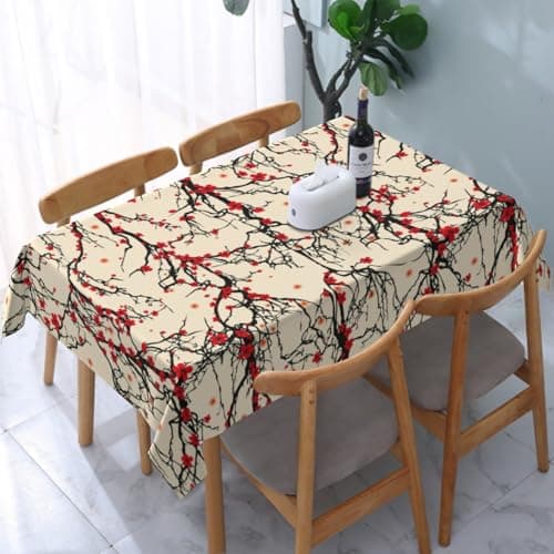 Cafl Plum Blossom Table Cloth Chinese Ink Black Red Tablecloths Wrinkle Free for Picnic Kitchen Holiday Dining Room Rectangle Polyester Washable(54 x 72 Inch)