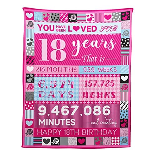 YISUMEI 18 Year Old Girl Birthday Gifts, Pink Love Rose Elements Happy Birthday Blanket, Sweet 18 Gifts for Girls Daughters Sisters Friends, 50"x60"
