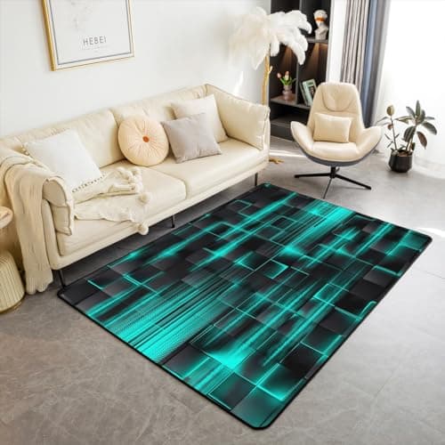 Feelyou TealBlue Black Living Room Rugs 3x5 Boys Geometric Strip Lines Area Rug for Kids Decorative Rug Abstract Modern Indoor Floor Mat Room Decor