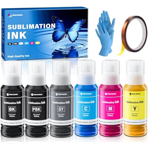 Sublimaker 600ML Sublimation Ink with Heat Tape for Ecotank ET-8550 ET-8500 ET8550 ET8500 8550 8500 Wide-Format Supertank Printers, Heat Press Transfer on T-Shirt Tumblers (6x100ML, BK PB C M Y GY)