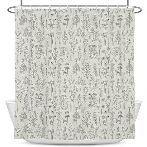 Coxila Vintage Cream Floral Shower Curtain, Spring Botanical Shabby Chic Pattern for Bathroom, Aesthetic Beige Farmhouse Boho Polyester Fabric Decor with 12 Hooks, 60x72 Inch