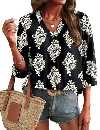 Womens Boho Tops 3/4 Length Sleeve Office Shirts for Women Dressy Summer Spring Top Loose Fitting Hippie Blouse