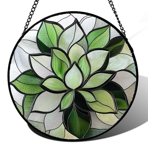 CRISGIF Stained Glass Window Hanging - Green Lotus Suncatcher for Door Garden Succulent Plant Sun Catchers Decor Mother's St. Patrick's Day Birthday for Women Mom Nana Grandma 9.8 in