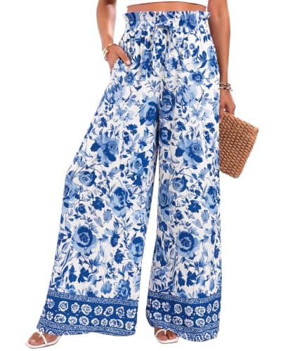 HONGTEYA Women's Wide Leg Palazzo Pants Flowy Summer Loose Beach Pants with Pockets Elastic High Waist Pants (US, Alpha, Large, Regular, Regular, Blue White)