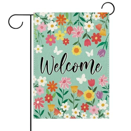 Terkki Welcome Spring Summer Floral Decorative Garden Flag, Colorful Flower Butterfly Small Yard Outside Decorations, Teal Burlap Outdoor Home Decor Double Sided 12 x 18