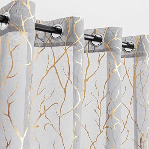 Kotile Grey Sheer Curtains with Gold Foil Tree Branch 52x63 Inch, 2 Panels
