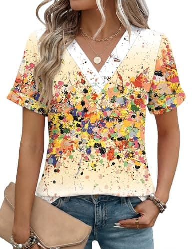 Rapbin Short Sleeve Tops for Women Business Casual Spring Blouses Fashion Work Office Tunic Tshirts (Color Polka dots, XL)