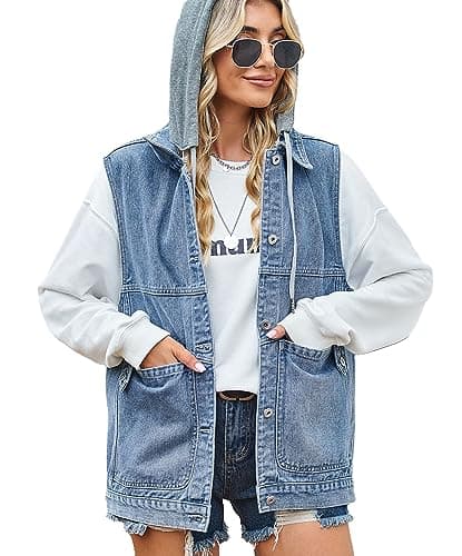 PAODIKUAI Women's Oversized Denim Vest Mid Long Jean Vest Sleeveless Jackets Distressed Vest Cotton(A3-blue with hood,Large)
