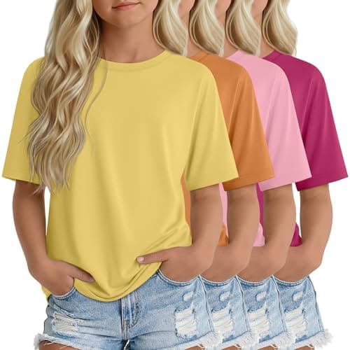 YooAurvox 4 Pack Girls Short Sleeve T-Shirts, 3-Color, 13-14 Years