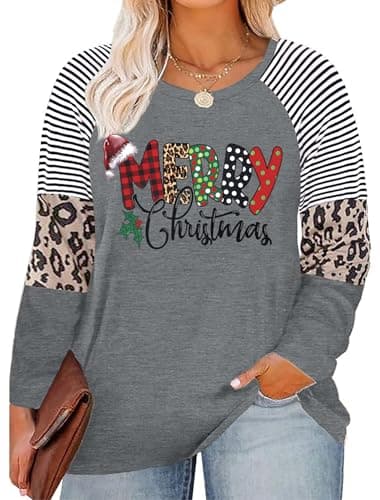 QAUN Plus Size Christmas Shirts Women Merry Christmas Shirts Christmas Lights Shirt Xmas Long Sleeve Tops(LightGrey,5XL)