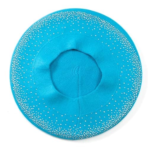 LADYBRO Rhinestone Beret Hat for Women 2 Layers Winter Warm Hat (Lake Blue)