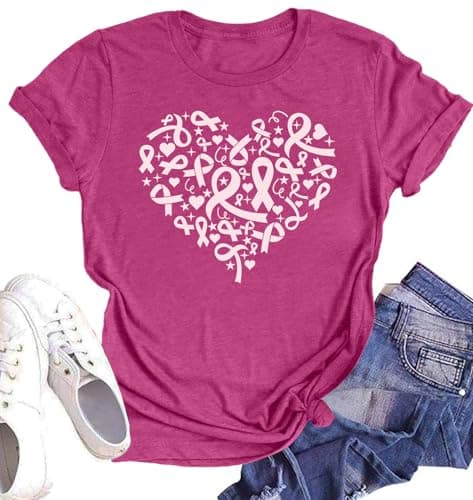 Pink Ribbon Shirts for Women Breast Cancer Awareness T-Shirt Inspirational Breast Cancer Short Sleeve Tee Tops