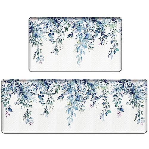 Bulijojo Blue Leaves Anti Fatigue Kitchen Floor Mats Set of 2 Waterproof Kitchen Sink Runner Rug Standing Mat Cushioned Kitchen Rugs Comfort Doormat 17"x47"+17" x30“