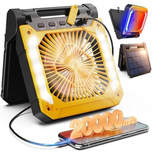 Innopower Battery Operated 20000mAh Solar Powered Camping Fan with LED Lantern, 3 Speeds Rechargeable Portable Fan with Timer & Hanging Hook, Personal Fan for Outdoor（Yellow）