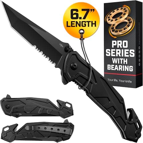 6.7" Compact Legal Pocket Knife with Bearing - 5 in 1 Knife - 2.8” Serrated Tanto Blade - with Glass Breaker & Seatbelt Cutter & Pocket Clip - Small Tactical Folding Knives for Men Women Hunting EDC Work 6620 B