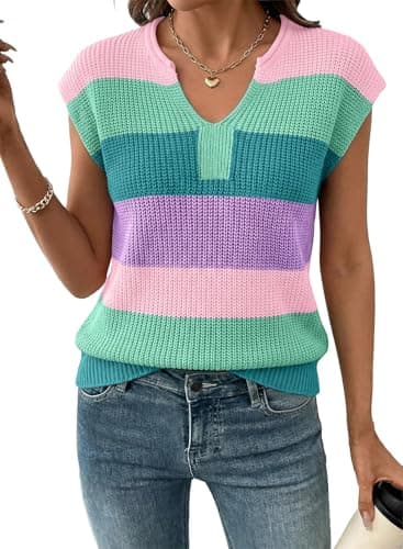 SHEWIN Womens Summer Tops Trendy V Neck Short Sleeve Shirts for Women Lightweight Striped Womens Tops Pullover Spring Tops for Women Lapis Small