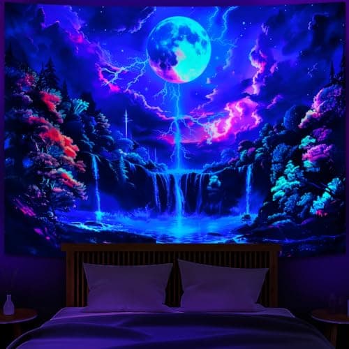 Heopapin Blacklight Tapestry Fantasy Moon Lightning Tapestries UV Reactive Tapestry Magic Waterfall Forest Landscape Tapestries Wall Hanging for Bedroom L78×W59