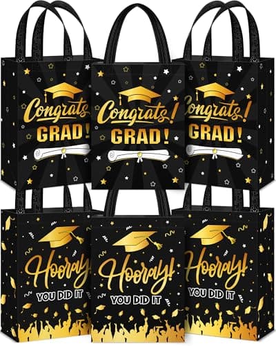 Sweetude 6 Pcs 2025 Graduation Gift Bags with Handles Non Woven Congrats Grad Tote Bags Reusable Party Favor for College Graduation Party Decoration (Black Gold)