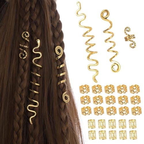 28pcs Hair Jewelry for Braids, Alloy Braid Accessories for Women, Dreadlock Beads Hair Clips Charms, Spiral Loc Rings for Thick, Long, Short, Curly, or Straight Hair Decoration (Gold)