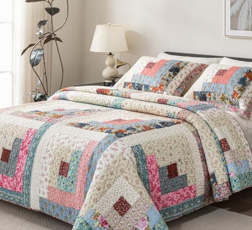 meadow park Cotton Real Patchwork Quilt Set 3-Piece. 100% Washed Cotton. 208 Hand Cut Patches. Allover Quilting. Reversible Coverlet Set. (King)