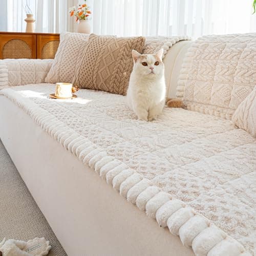 MDSASFD Sofa Pad, Plush Couch Cover Washable for Pet, Non-Slip Warm Couchs Cover, Funny Fuzzy Pet Couch Covers for Sofa, Sofa Slipcovers Furniture Covers for L Shaped(Beige White, 27.5"x 27.5")