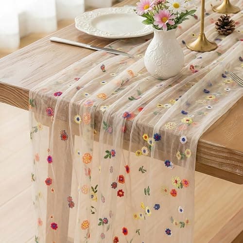 FEXIA Table Runner 10FT Floral Gauze Tea Party Decorations Embroidery