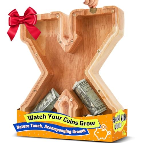 AUVCE Wooden Initial Piggy Bank for Kids, Alphabet Personalized Money Bank with Large Storage - Unique Educational Gift for Birthday, Christmas & Baby Showers(X)