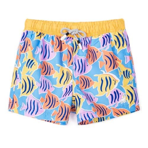 SURF CUZ Boys Swim Trunks Toddler Swim Shorts UPF 50+ Bathing Suit for Boys Swimsuit Boy Swimwear Quick Dry Beach Board Shorts Yellow Vibrant Fish 8 Years