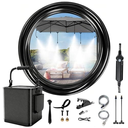 Portable Misting Cooling System Kit with 10M Hose, 4500mAh Rechargeable Pump and 8 Mist Nozzles, Outdoor Misting System for Patio, Garden, Backyard, Camping, Beach, Golf Cart and Animal Shelter