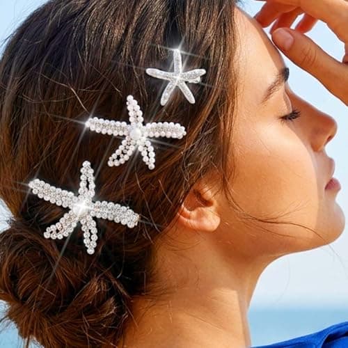 Brishow Silver Starfish Hair Clip Set, Pearl Rhinestone Starfish Hair Accessories for Women, 3 Pieces