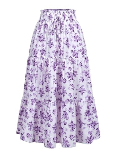 MSLG Summer Skirts for Women Petite 2026 Trendy Cute Casual Boho Beach Tie Front High Waisted Ruffle Layered Flowy Midi Skirt 626 Purple White S
