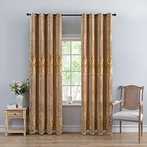 ELKCA Coffee Chenille Curtain with Embroidered Pattern for Living Room European Curtains Set for Bedroom,Grommet Top (52" W x 84" L,Pack of 2)