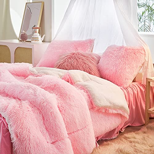 UOZZI BEDDING Pink Faux Fur Comforter Set Queen 3 Pieces - 1 Shaggy Comforter Set 90x90 and 2 Pillowcases, Ultra Soft and Easy Care Luxury Plush Shaggy Duvet Set for Girls Women Princess Style