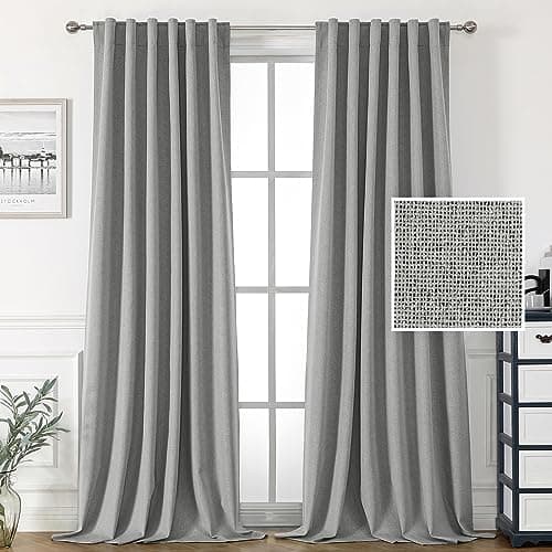 H.VERSAILTEX 100% Blackout Linen Look Curtains for Bedroom 84 inch Light Blocking Drapes with Double Face Linen Back Tab Loop Pocket Textured Burlap Curtains for Living Room 2 Panels, Heather Grey