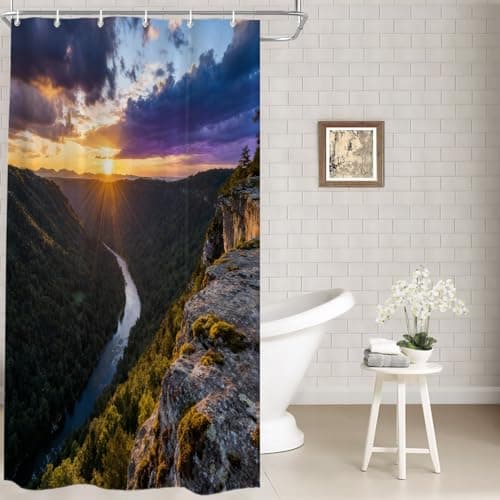 Batmerry Golden Natural Sunset Decor Shower Curtain, Landscape Virginia Mountain Bathroom Curtain Polyester Plastic Rings Quick-Dry Waterproof for Bathtubs, 72X36 Inches