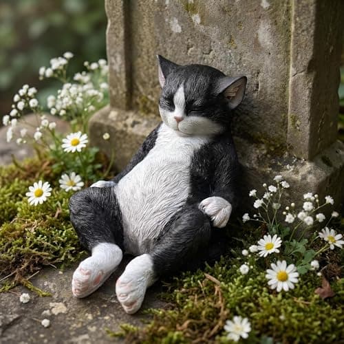 Cat Statue Outdoor Cat Figurines Garden Decor, Black & White Cat Statue Figurine Decor Sculpture for Patio, Yard, Resting Tuxedo Cat Statues for Indoor Table Accessory, Gift for Mom & Cat Lovers