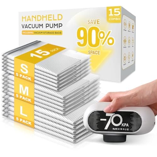 SNOCOD 15 Pack Travel Vacuum Bags with Electric Pump, 70KPa Vacuum Storage Bags for Clothing, Reusable Space Saver Bags for Suitcase, Travel & Home Storage, Plaster White