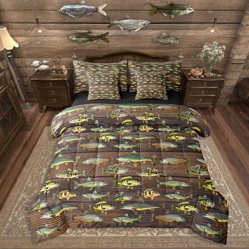 Erosebridal Hunting and Fishing Bedding Set (7-Piece,Twin Size) - Kids Fish Comforter Set with Sheets for Boys Girls Men Brown Wooden Plank Rustic Bed in A Bag Vintage Country Farmhouse Bed Sets