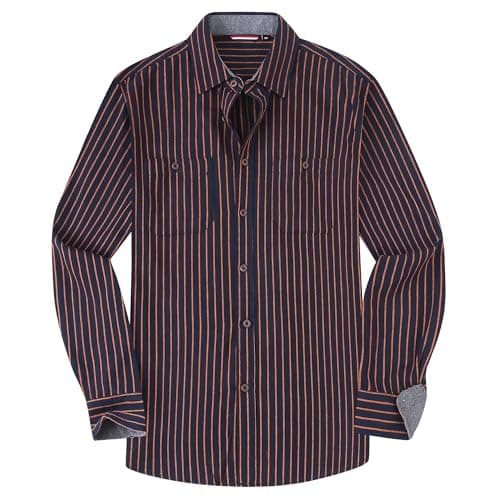 Mens Button Down Regular Fit Long Sleeve Flannel Shirt,Navy/Orange Stripe,S