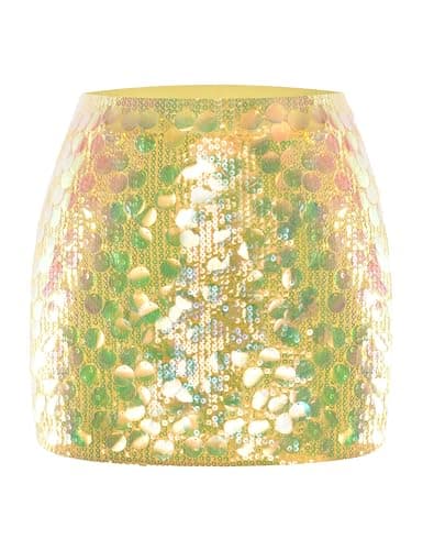 MANER Women's Sequin Mini Skirt Sparkle Stretchy Bodycon Night Out Party Skirts (XXL/US 20-22, Yellow)