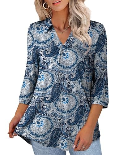 U.Vomade Casual 3/4 Sleeve Tops for Women Shirts Blouses V Neck Pleated Plus Size Tops Color 07 3X