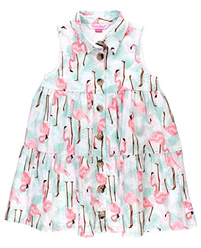 RuffleButts Vibrant Flamingo Tiered Shirt Dress - Pink/White - 7 Years