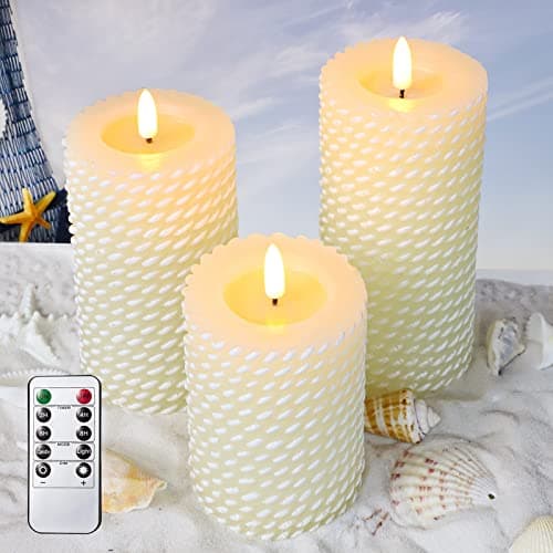 Immeiscent Flameless Candles Battery Operated with Remote Control and Timer Set of 3, White Real Wax Rope Theme LED Candles for Gift Home Festival Decor
