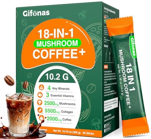 Mushroom Coffee with Collagen, Vitamins & Minerals, 6 Adaptogenic Mushrooms - Lion’s Mane, Reishi, Chaga & More, Organic Instant Coffee for Energy, Focus, Skin, Immune & Gut Support, 30 Servings