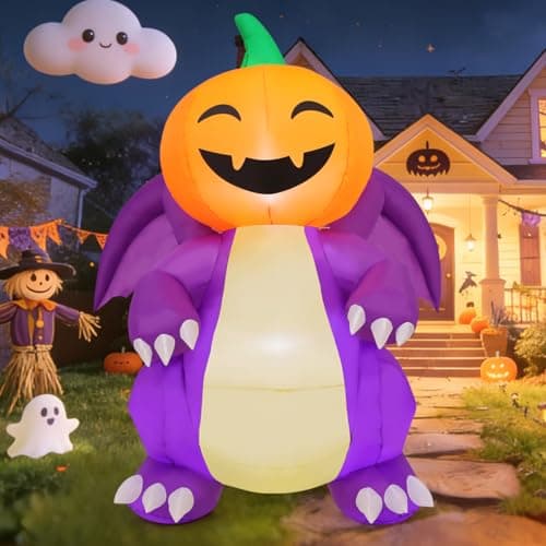 COMIN 6FT Halloween Inflatables Pumpkin Head Dragon Yard Decor with LEDs