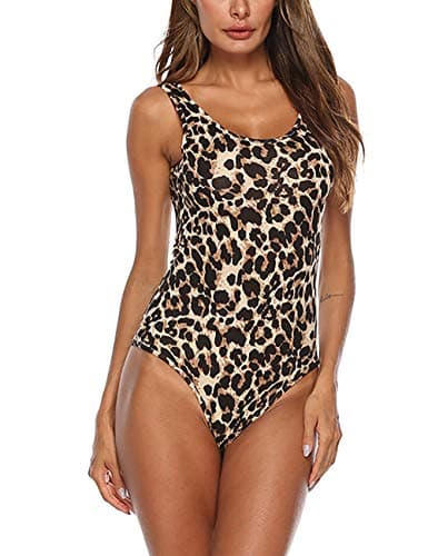 Queen.M Women's Sexy Bodysuit Leopard Snake Skin Leotard Tank Top Sleeveless Scoop Neck Bodycon Jumpsuit Onesie Romper